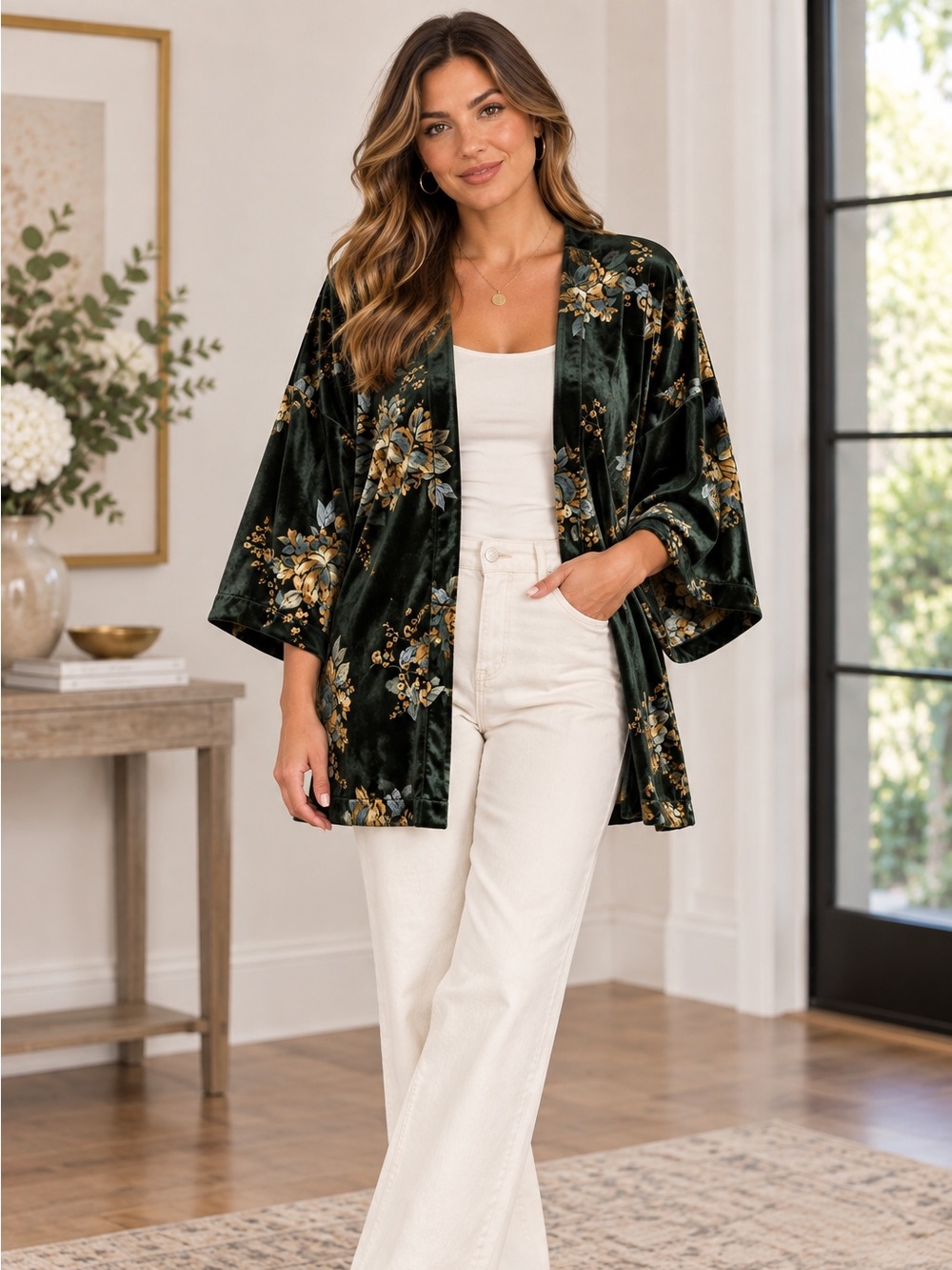 LOFT Women's Hunter Green Floral Open Front 3/4 Sleeve Velvet Cardigan One Size